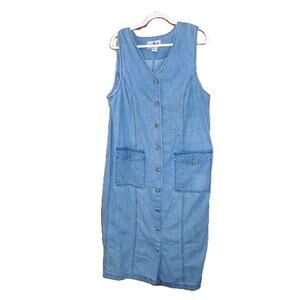 Vintage Truly Yours Washed Denim Dress/ Long/ Button Front w/Pockets/ 16W